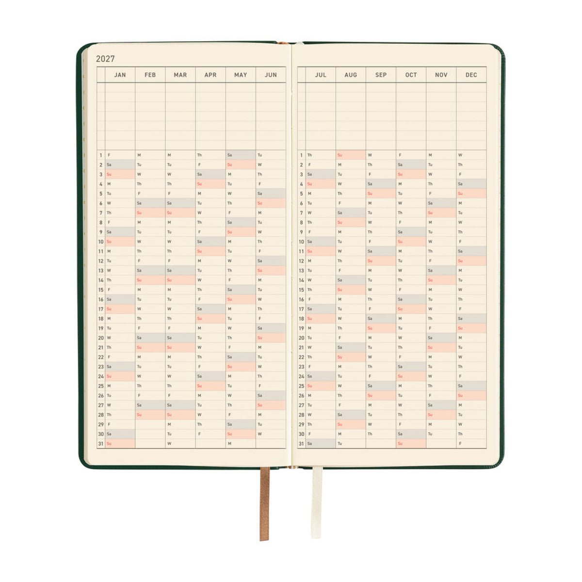 Hobonichi 2027 Light Hardcover English Book - Leather: Forest Green - Tall & Slim (Weeks - January Start) - Pen Boutique Ltd