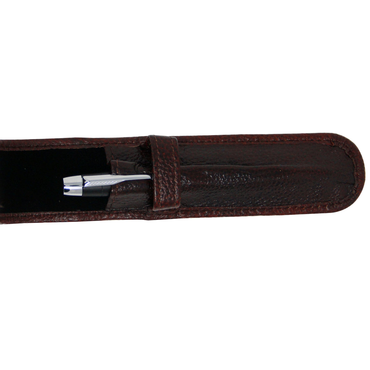 Yak Leather Premium Leather One Pen Pouch with Flap - Brown - Pen Boutique Ltd