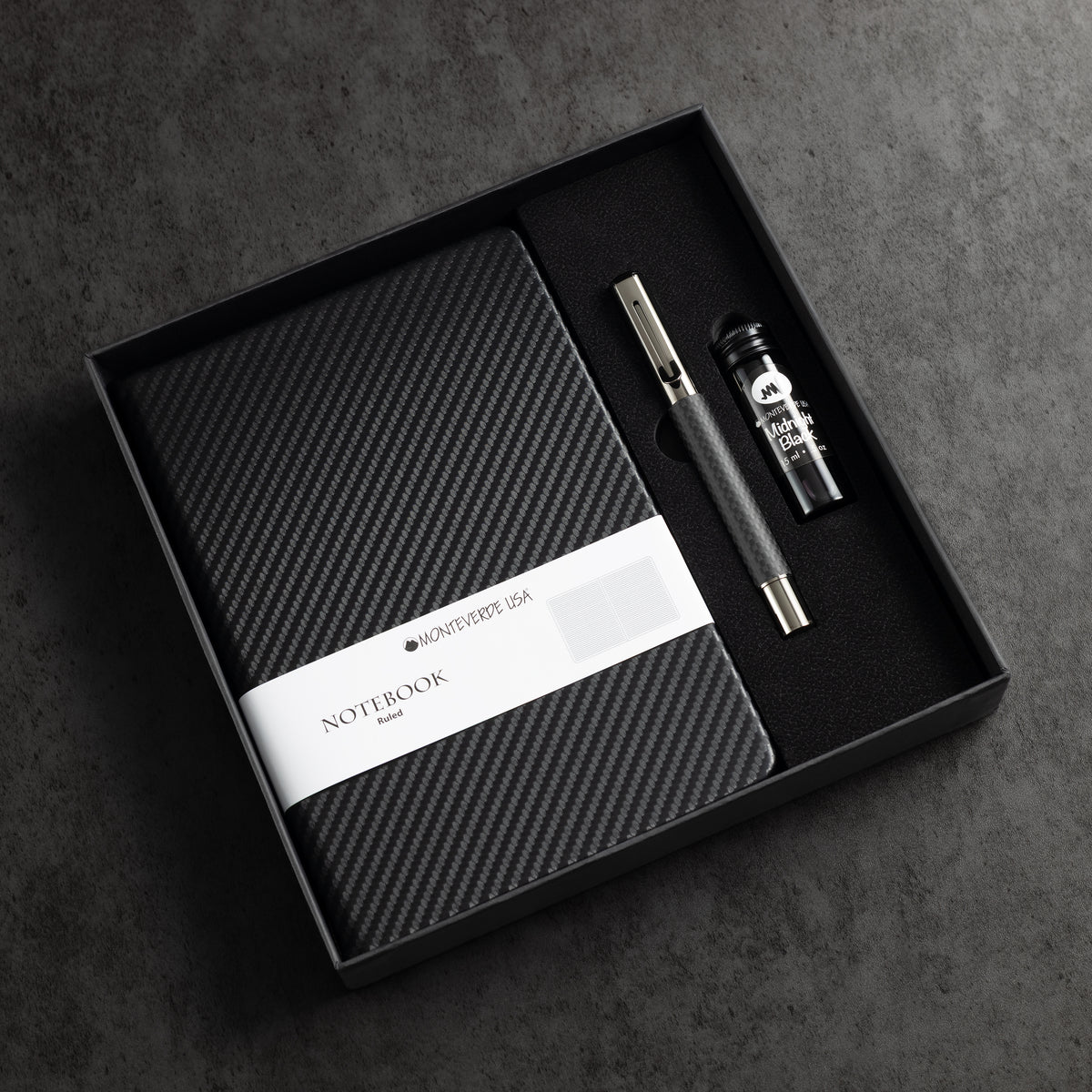Monteverde Ritma Fountain Pen - Matte Carbon Fiber Notebook Set - Pen Boutique Ltd