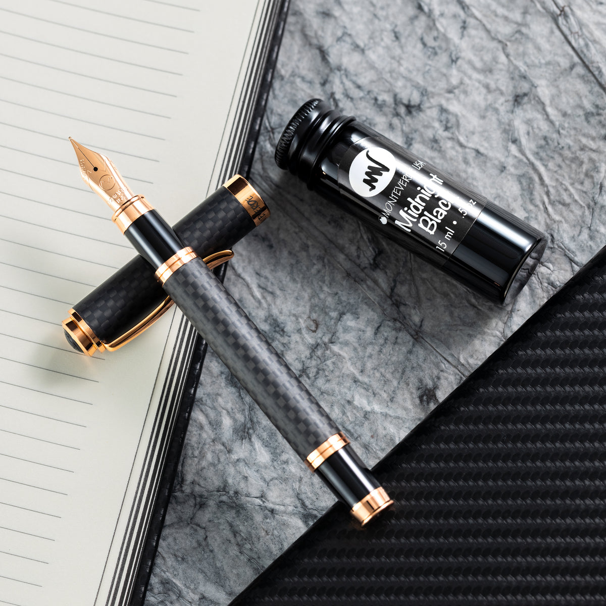 Monteverde Innova Fountain Pen Notebook Set - Carbon Fiber - Rosegold-Pen Boutique Ltd