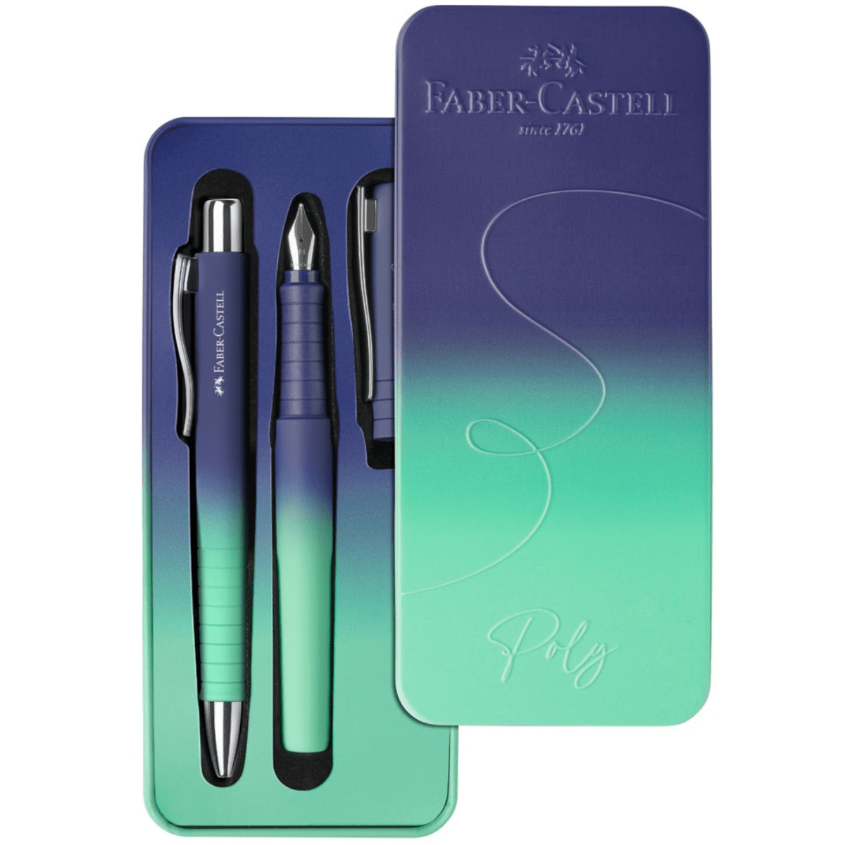 Faber-Castell Poly Flow Buzzing Blue Fountain Pen & Ballpoint Gift Tin - Pen Boutique Ltd