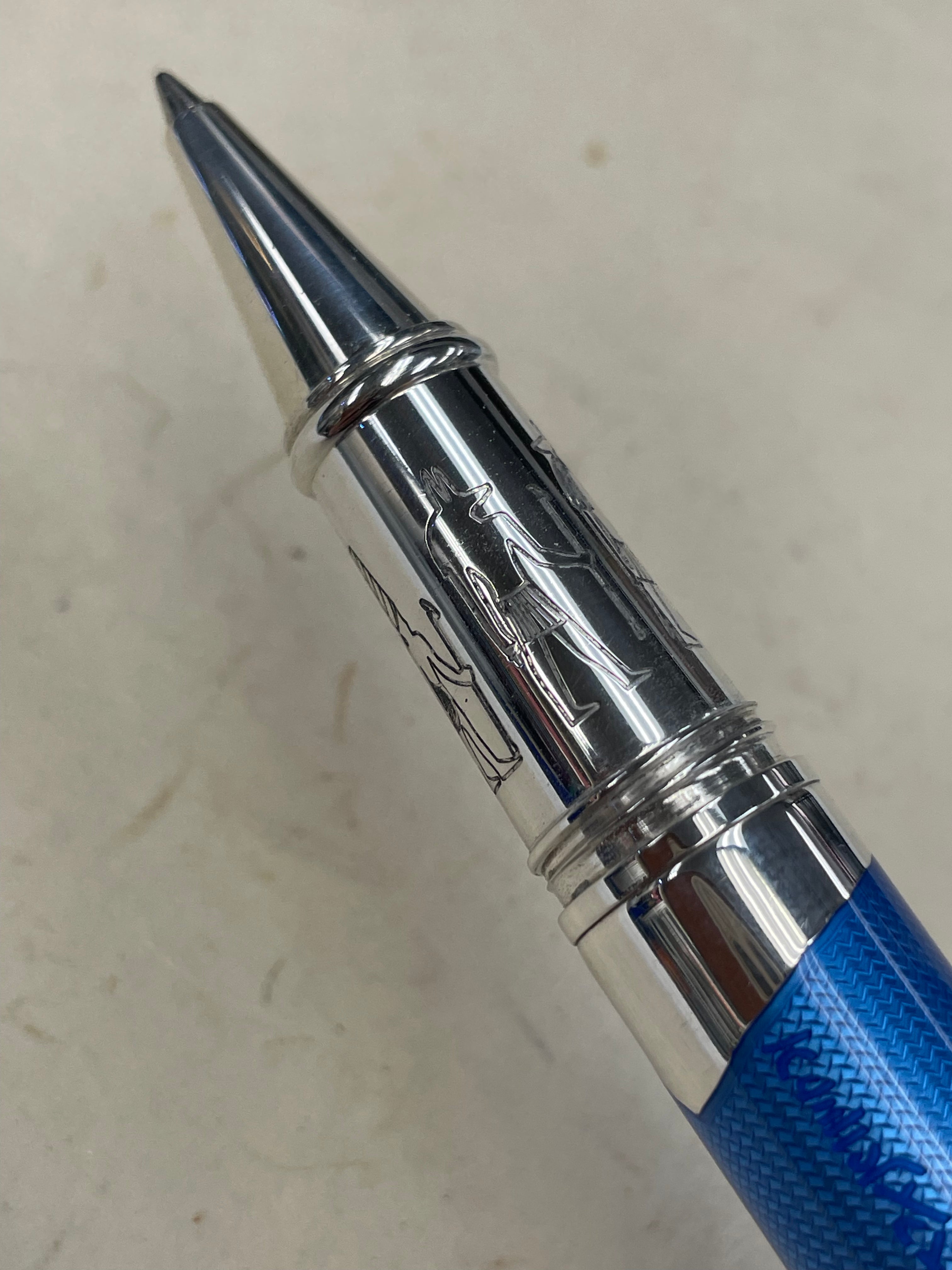 David Oscarson Rosetta Stone Rollerball Pen - Translucent Sapphire Blue and Opaque Black and Red Hard Enamel-Pen Boutique Ltd