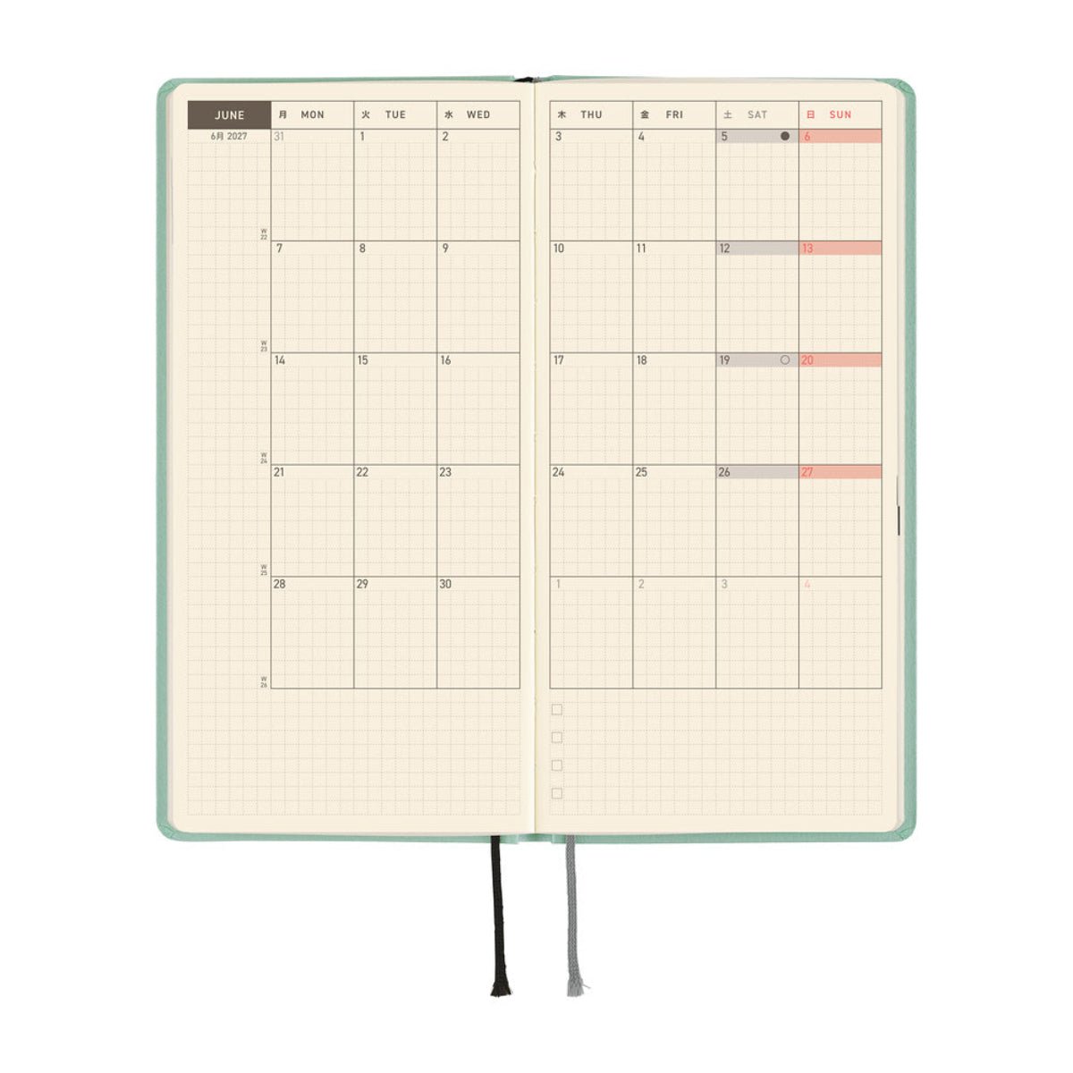 Hobonichi 2027 Light Hardcover English Book - Paper Series: Frosty Jade - Tall & Slim (Weeks - January Start) - Pen Boutique Ltd