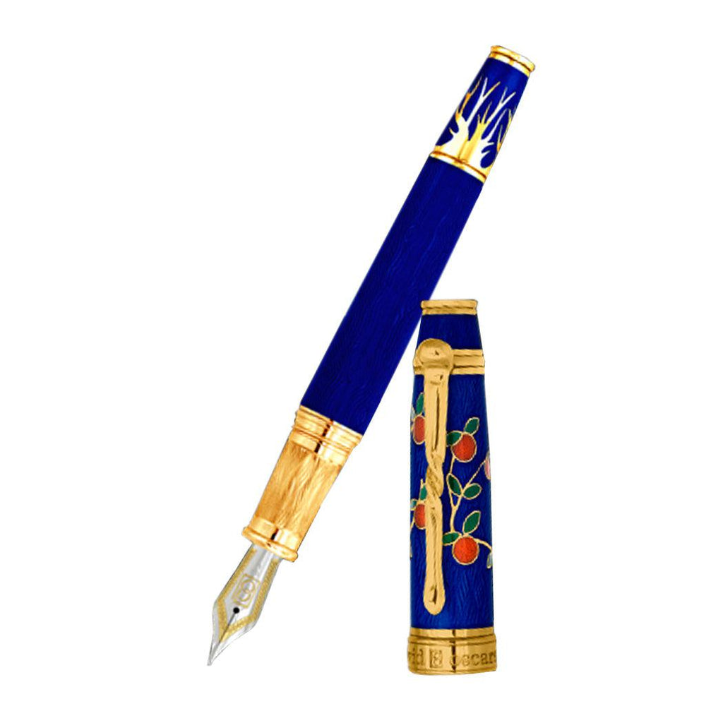 David Oscarson Tree of Life Fountain Pen - Sapphire Blue with Orange and Green - Pen Boutique Ltd