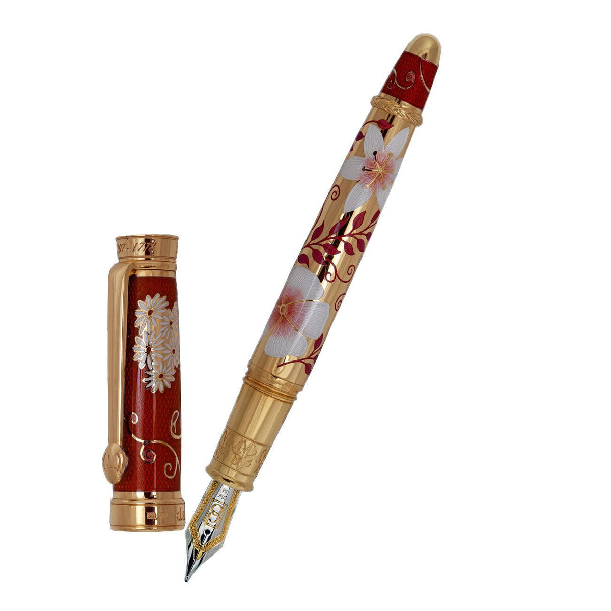 David Oscarson Carl Linnaeus Fountain Pen - Ruby Red with Multi-Colored Hard Enamel and Gold Vermeil - Pen Boutique Ltd