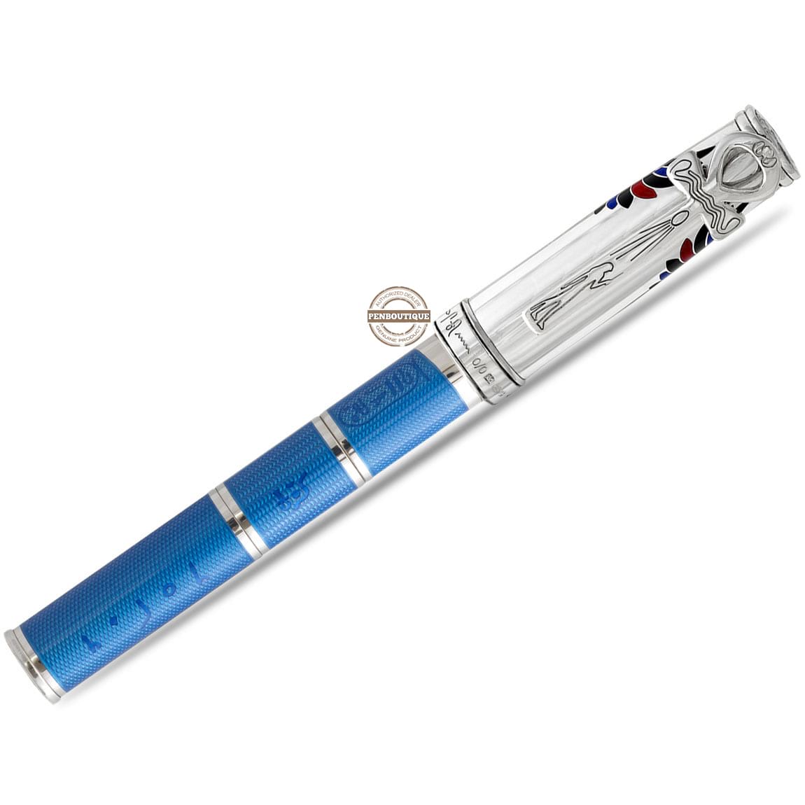 David Oscarson Rosetta Stone Rollerball Pen - Translucent Sapphire Blue and Opaque Black and Red Hard Enamel - Pen Boutique Ltd