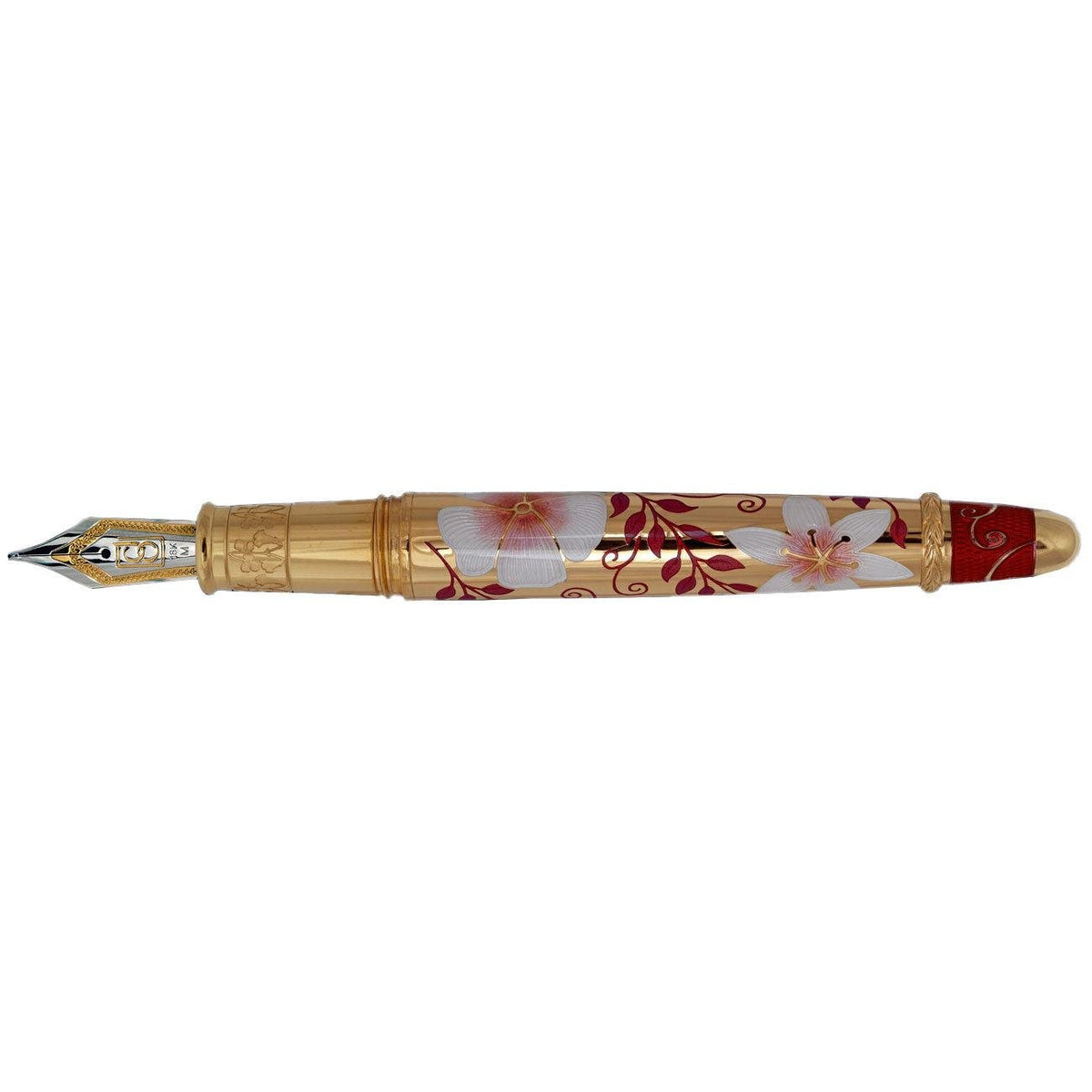 David Oscarson Carl Linnaeus Fountain Pen - Ruby Red with Multi-Colored Hard Enamel and Gold Vermeil - Pen Boutique Ltd