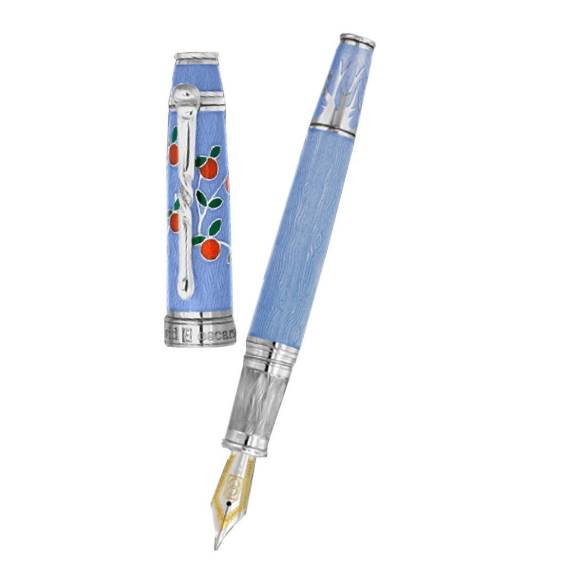 David Oscarson Tree of Life Fountain Pen - Azure Blue with Orange and Green - Pen Boutique Ltd