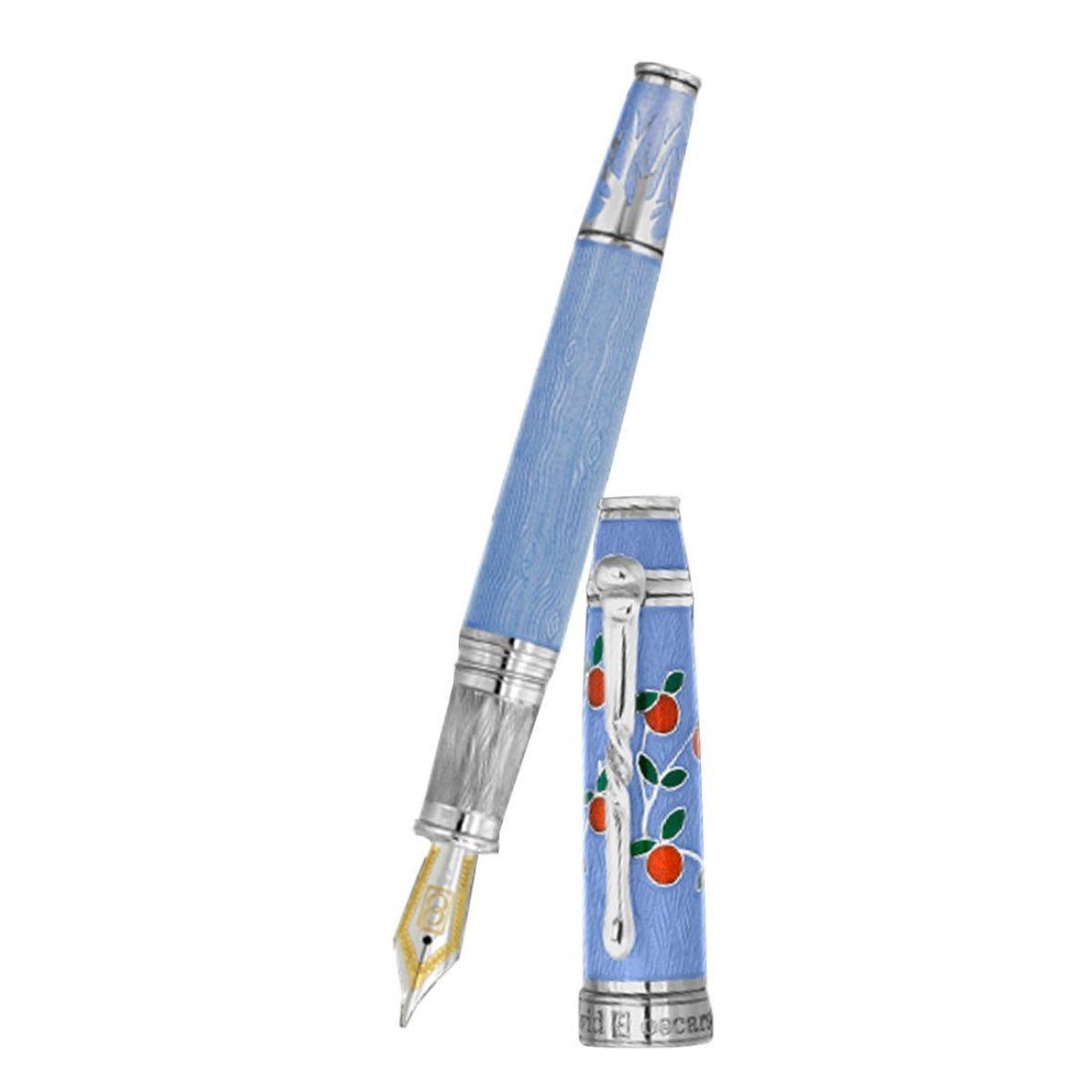David Oscarson Tree of Life Fountain Pen - Azure Blue with Orange and Green - Pen Boutique Ltd
