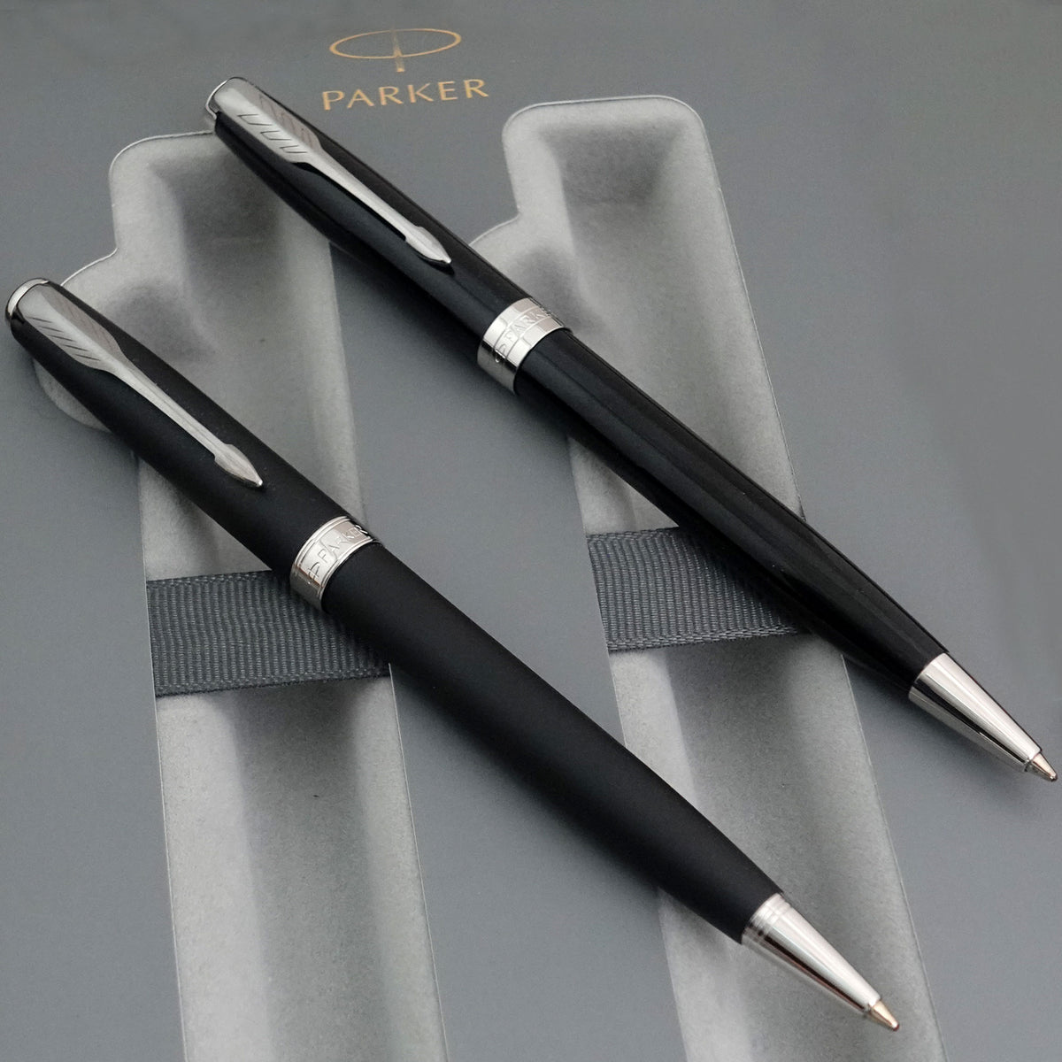 Parker Sonnet Black Lacquer & Matte Black Ballpoint Duo Gift Set - Chrome Trim - Pen Boutique Ltd
