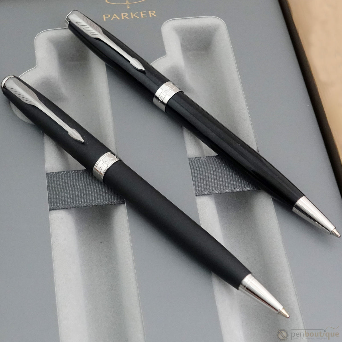 Parker Sonnet Black Lacquer & Matte Black Ballpoint Duo Gift Set - Chrome Trim - Pen Boutique Ltd