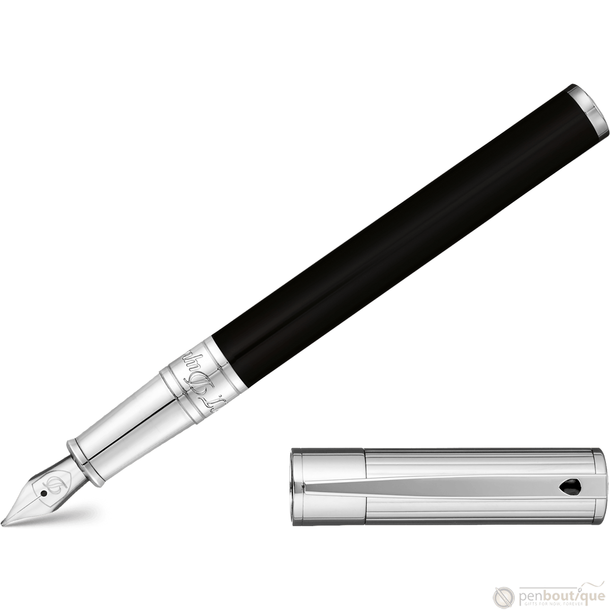 S T Dupont D-Initial Fountain Pen - Chrome Trim - Noir - Pen Boutique Ltd