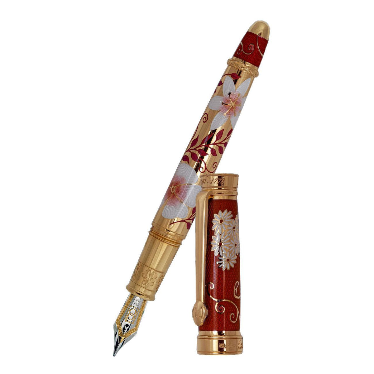 David Oscarson Carl Linnaeus Fountain Pen - Ruby Red with Multi-Colored Hard Enamel and Gold Vermeil - Pen Boutique Ltd